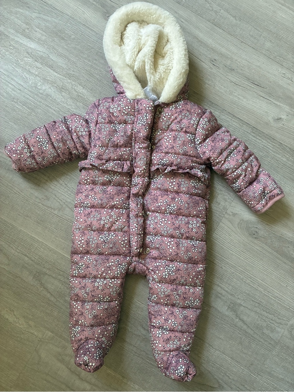 Nicole Miller Pink Floral Puffer Baby Snowsuit with Faux Fur Hood
